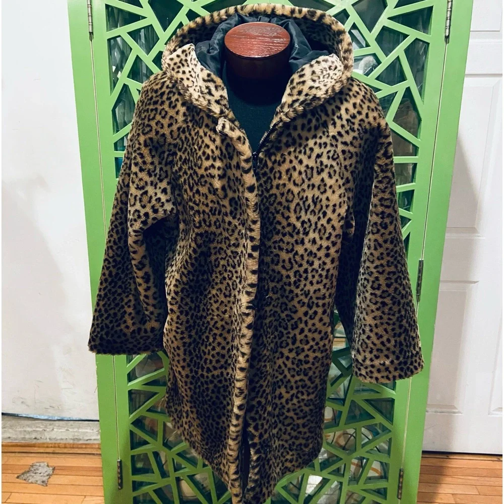 Dennis Basso Luxury Cheetah Print Hooded Faux Fur Coat